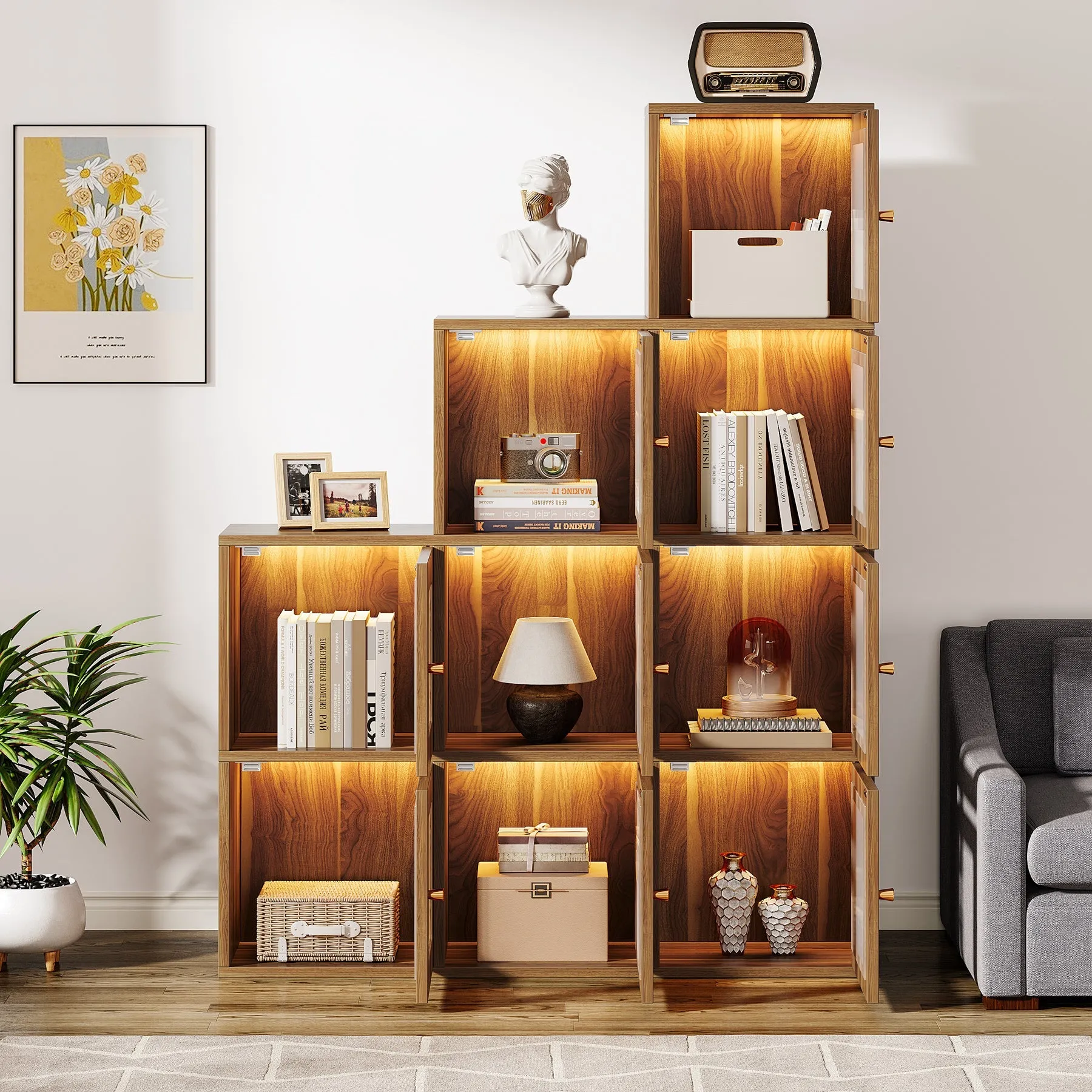 Wood Bookshelf, 63" High Bookcase Etagere 9 Cubes With LED Lights