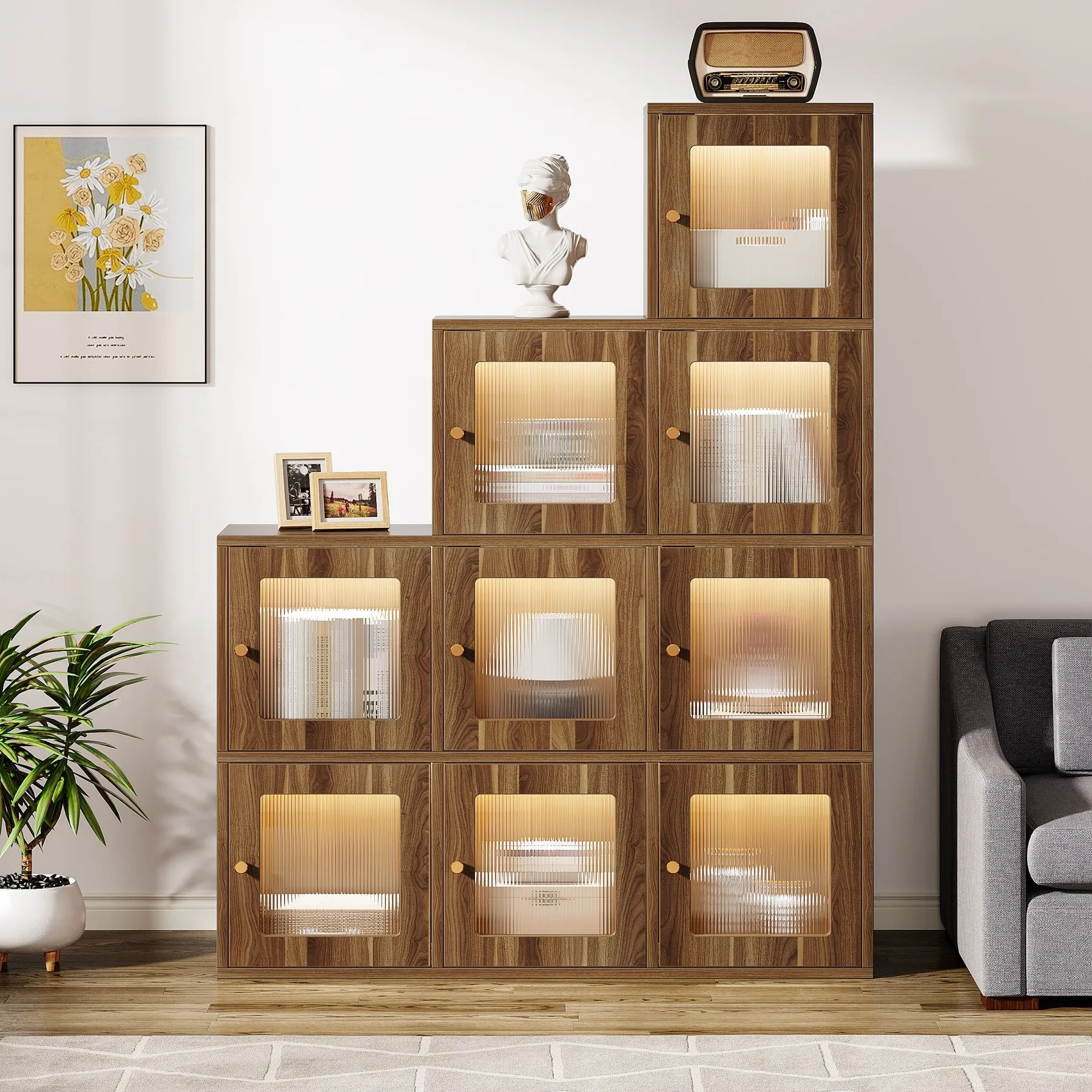 Wood Bookshelf, 63" High Bookcase Etagere 9 Cubes With LED Lights