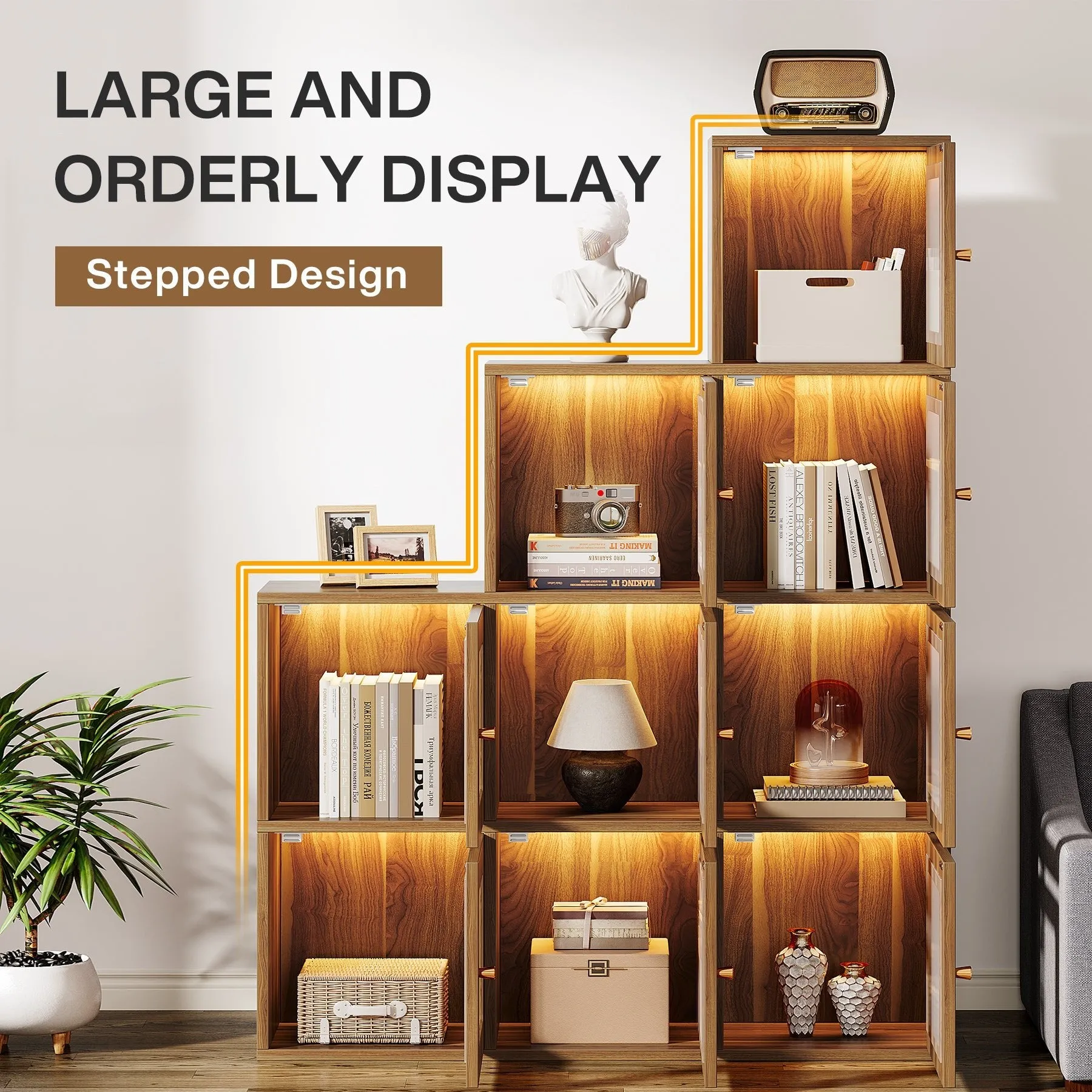 Wood Bookshelf, 63" High Bookcase Etagere 9 Cubes With LED Lights