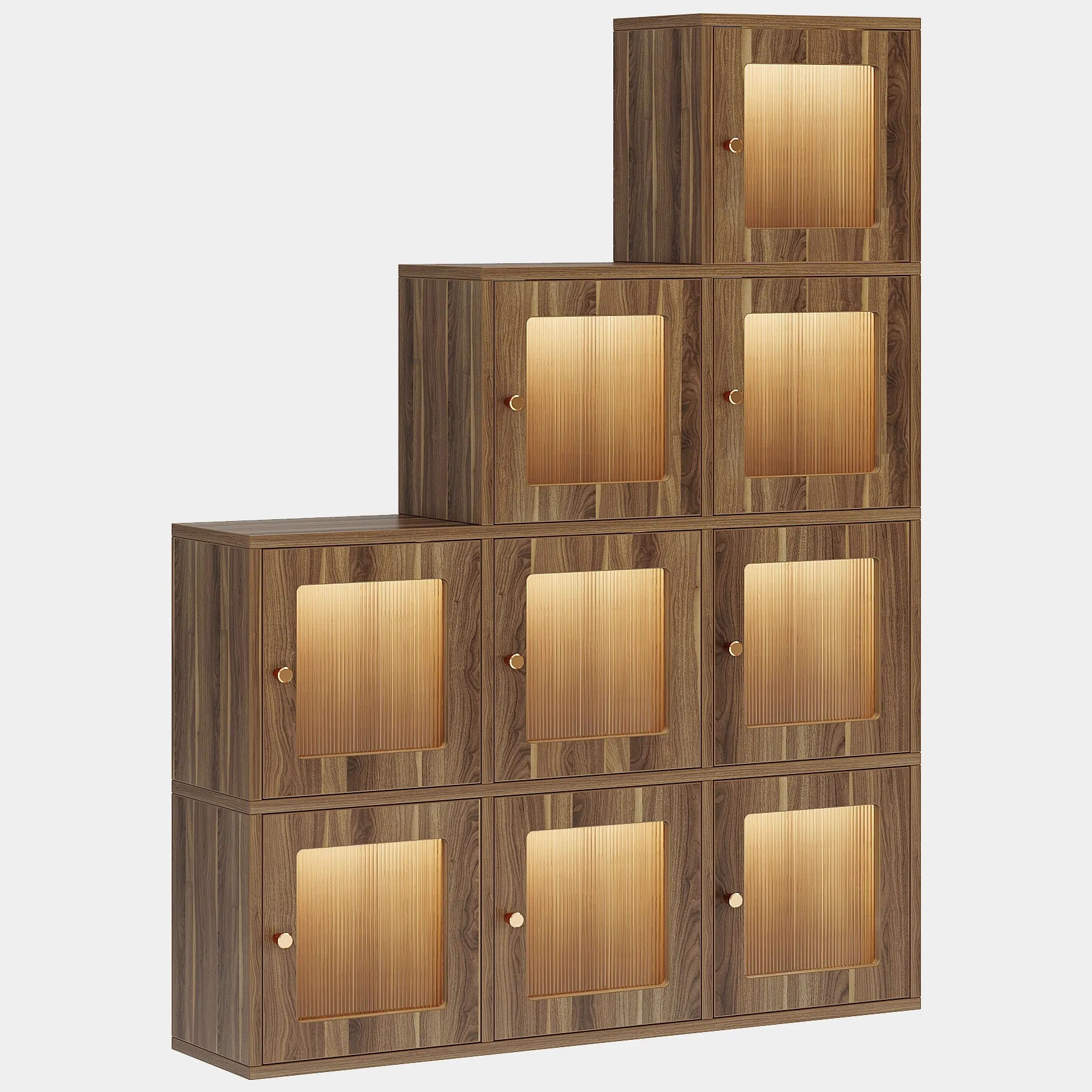 Wood Bookshelf, 63" High Bookcase Etagere 9 Cubes With LED Lights