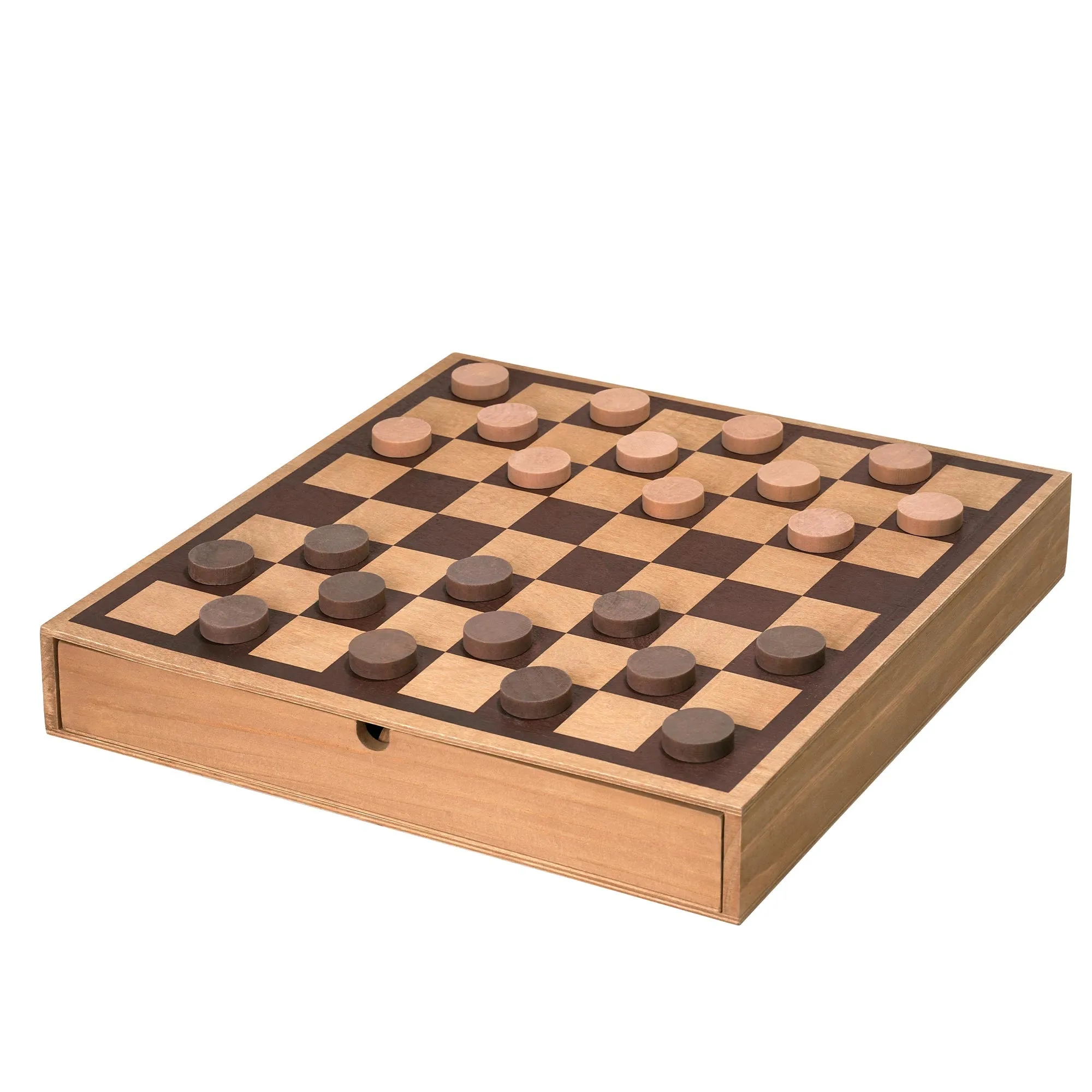 Wood Chess & Checkers Board Game Set with Drawer Tabletop Decor