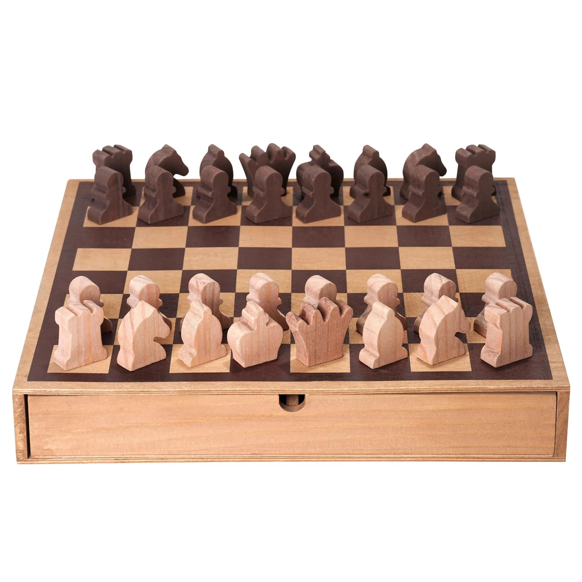 Wood Chess & Checkers Board Game Set with Drawer Tabletop Decor