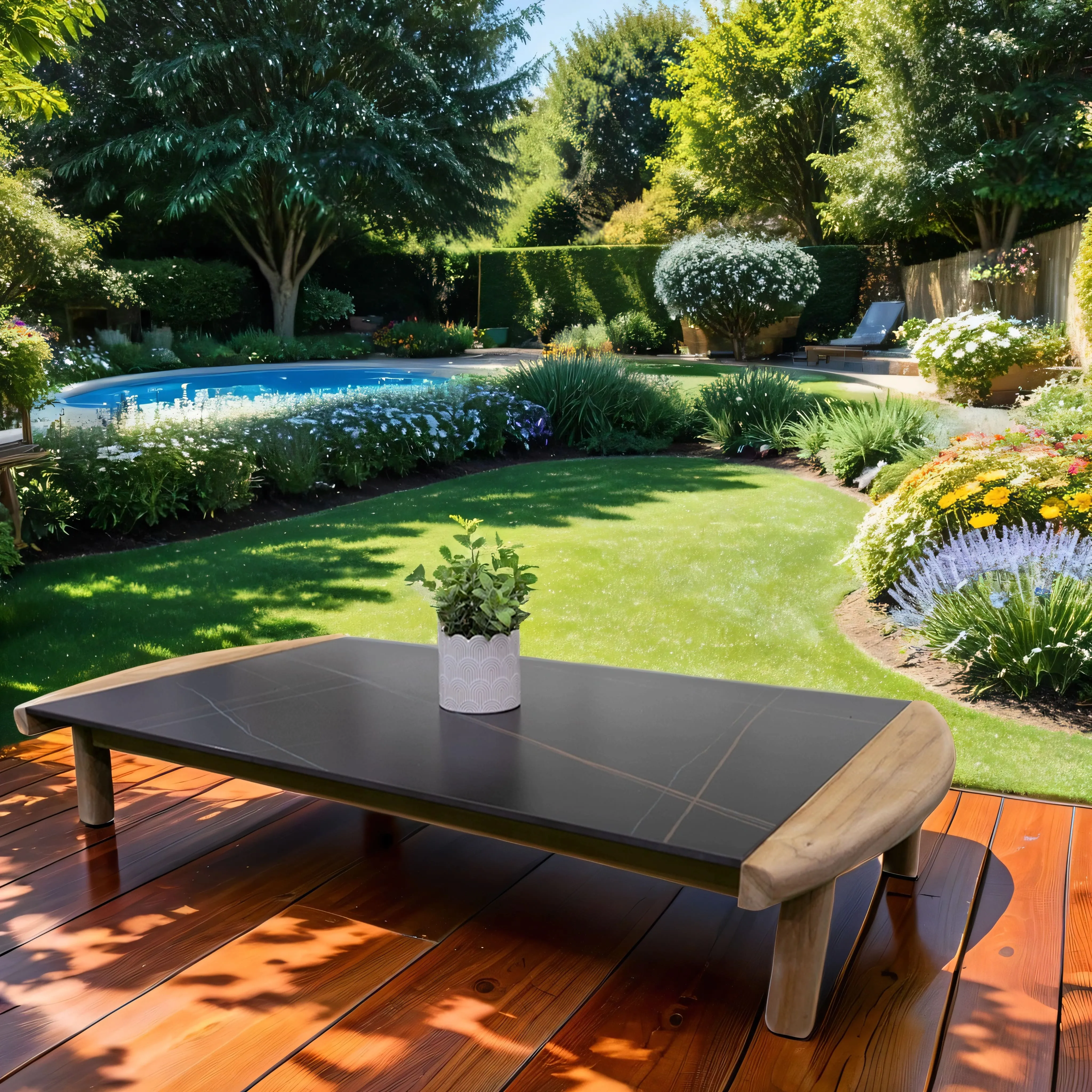 Wood table with rock beam