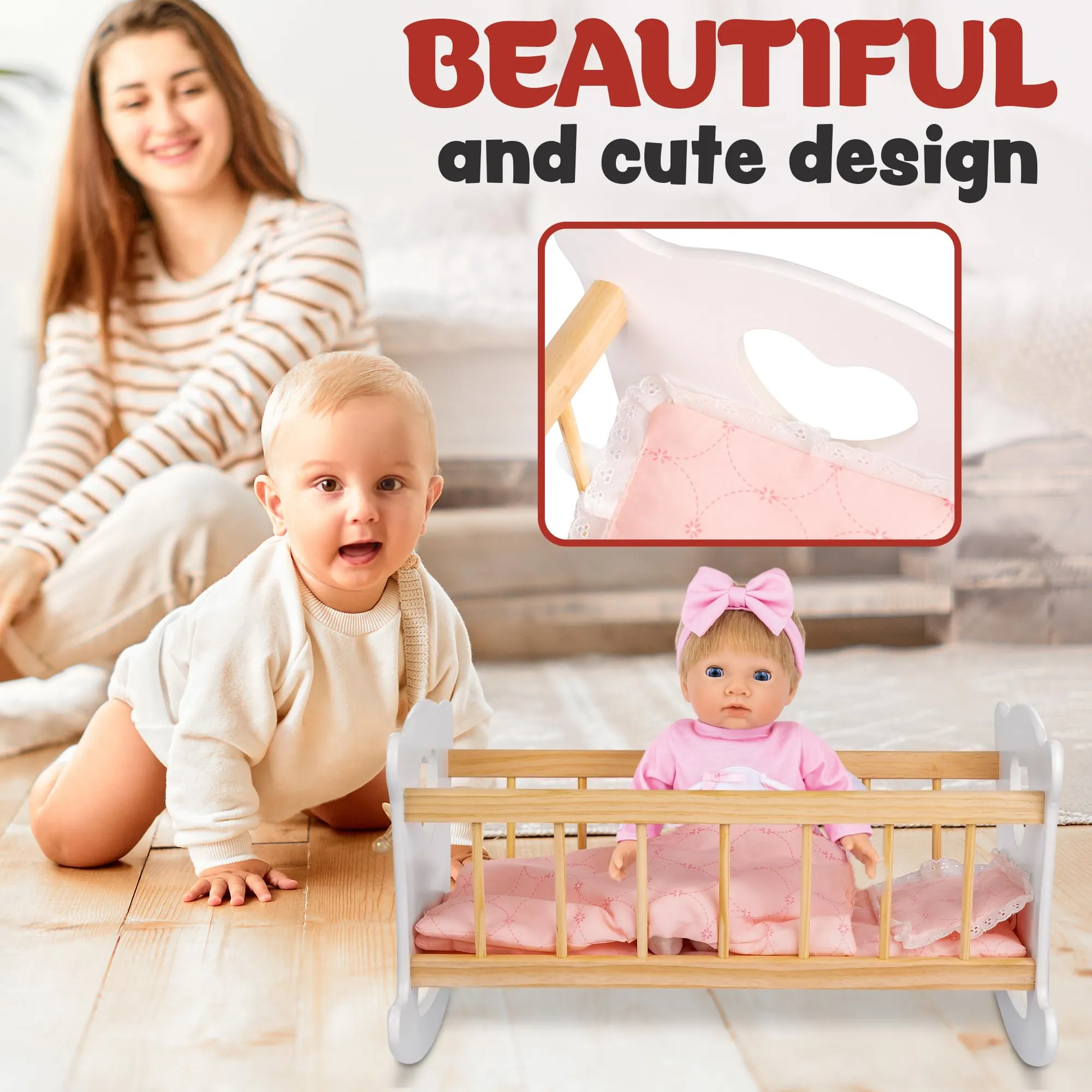 Wooden Baby Doll Cradle with Accessories Set White by Kinderplay