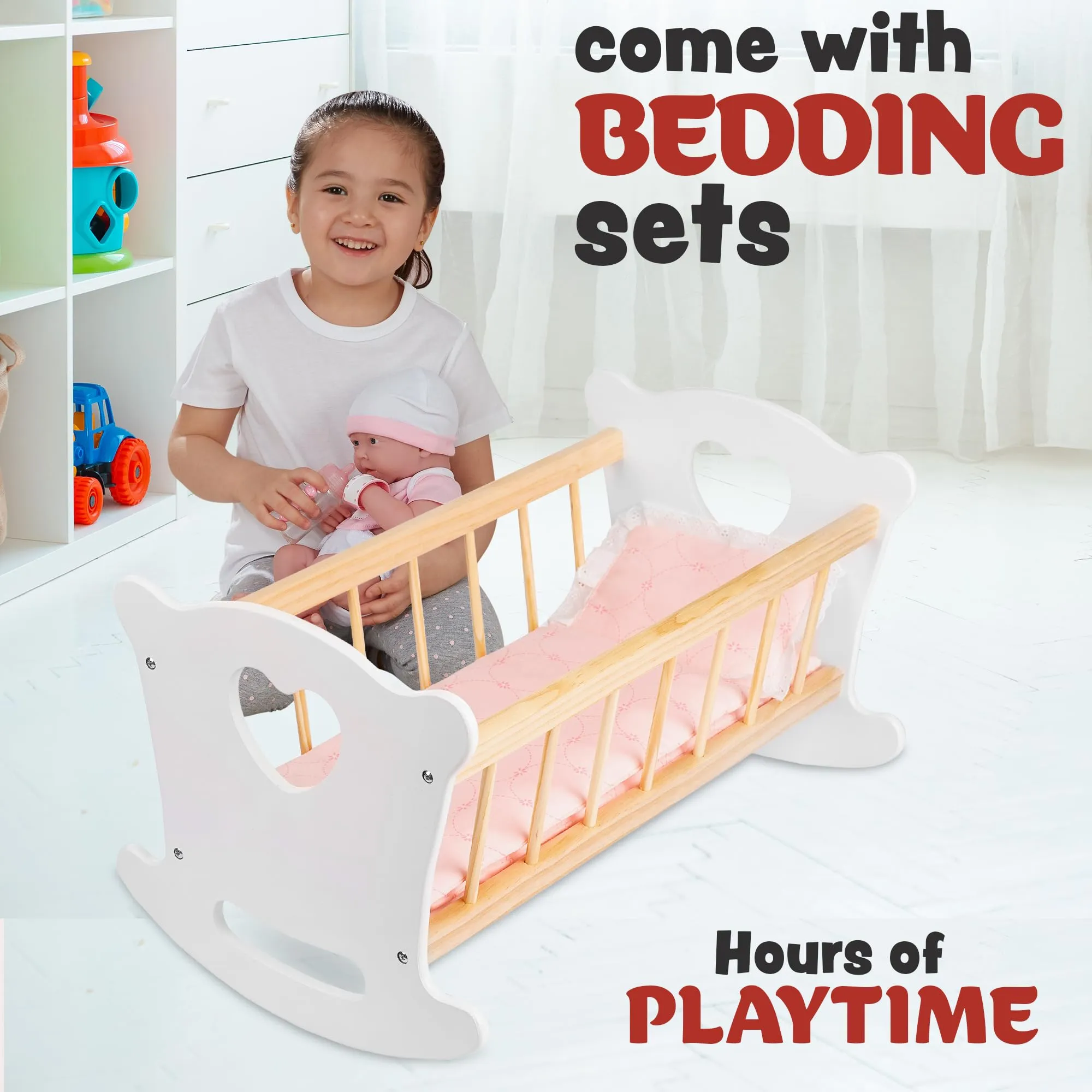 Wooden Baby Doll Cradle with Accessories Set White by Kinderplay