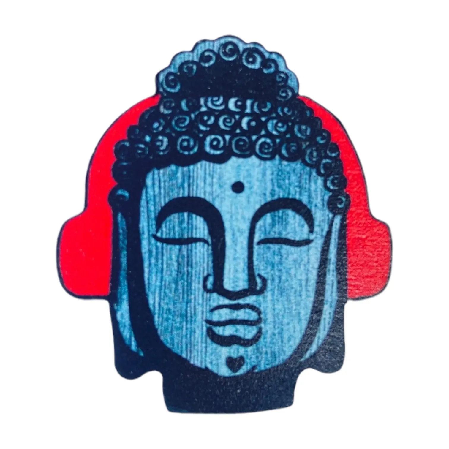 Wooden Buddha Wearing Headphones Pin Brooch