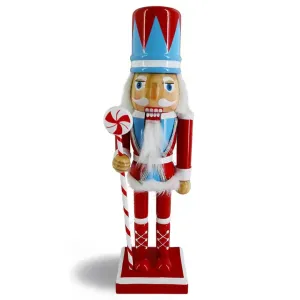 Wooden Red & Blue Peppermint Candy Cane Soldier Nutcracker