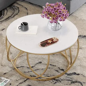 Wooden Twist Gilded Globe Design Round Coffee Table with Marble Top-Like Finish