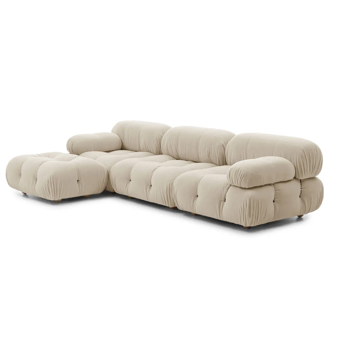 Wooden Twist Natural Soft Velvet Bubble L-Shaped Sectional Sofa ( Beige )