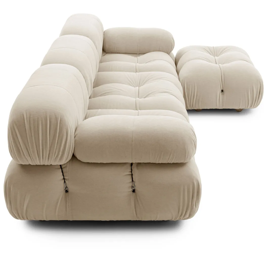 Wooden Twist Natural Soft Velvet Bubble L-Shaped Sectional Sofa ( Beige )