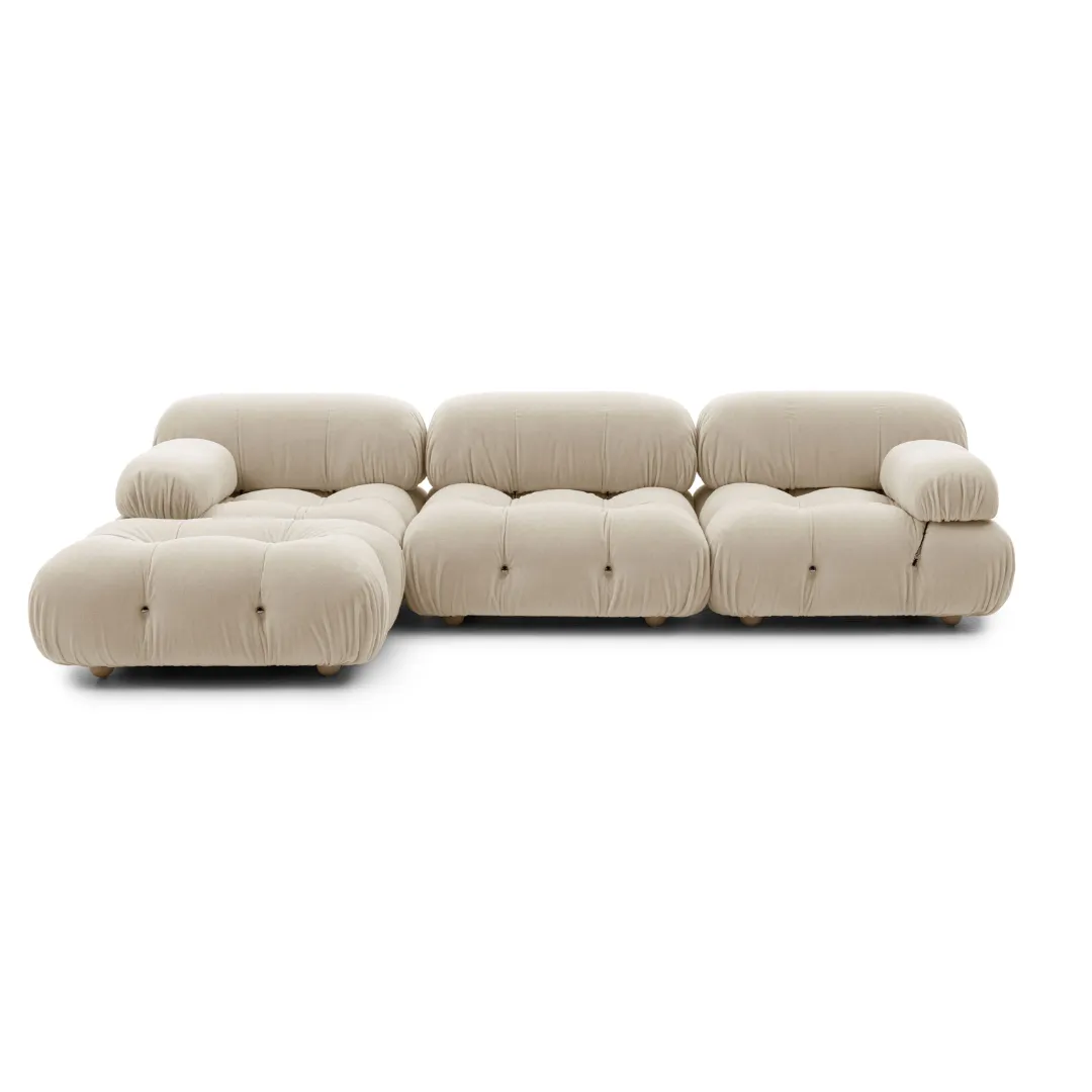 Wooden Twist Natural Soft Velvet Bubble L-Shaped Sectional Sofa ( Beige )