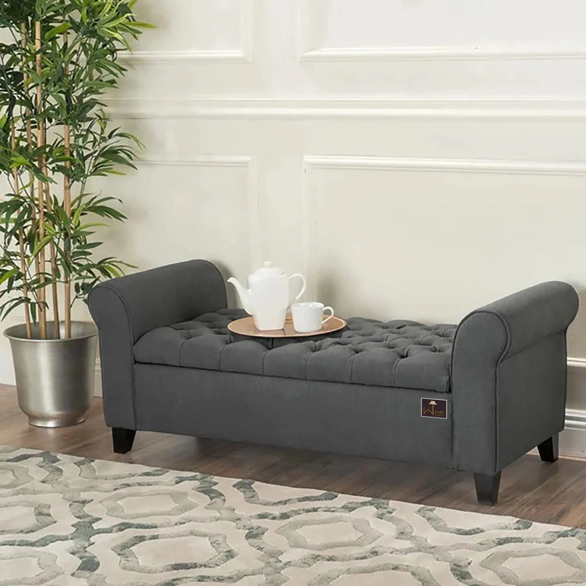 Wooden Twist Zamansız Button Tufted Design Premium Wood 2 Seater Storage Bench (Dark Grey)