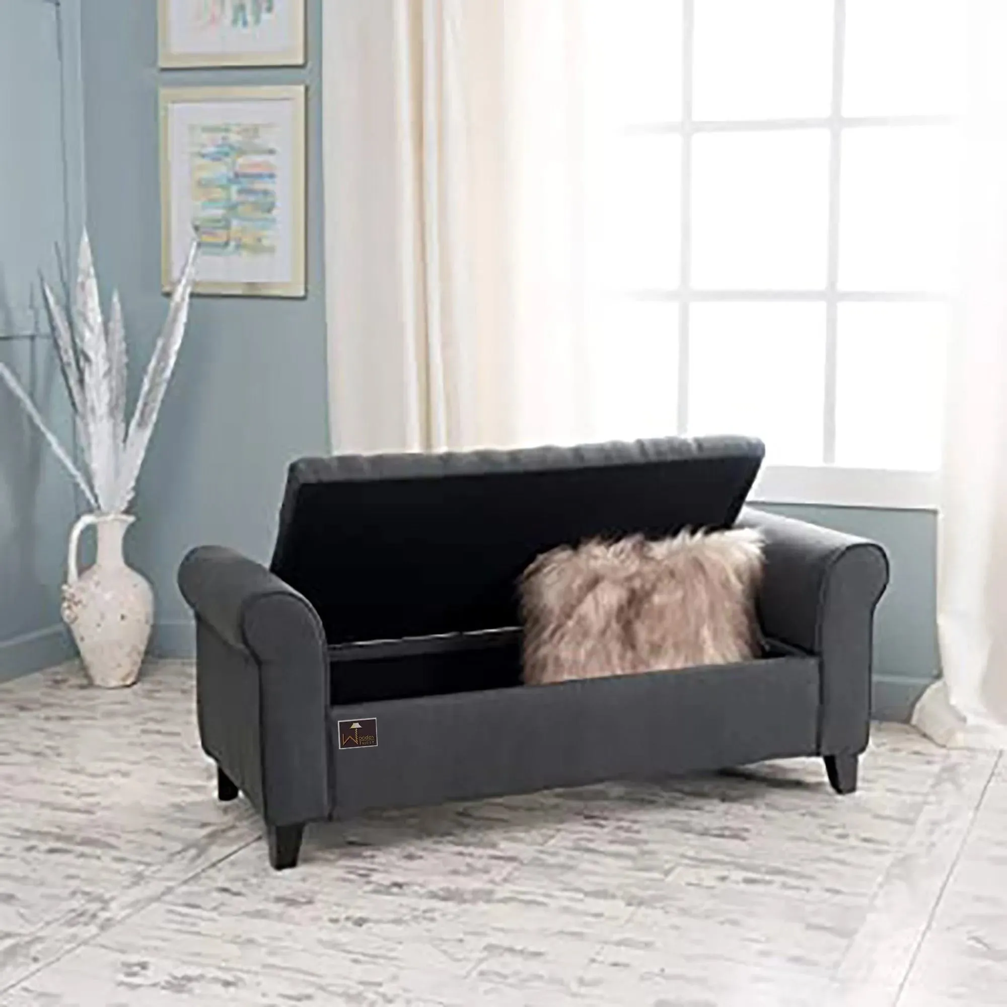 Wooden Twist Zamansız Button Tufted Design Premium Wood 2 Seater Storage Bench (Dark Grey)