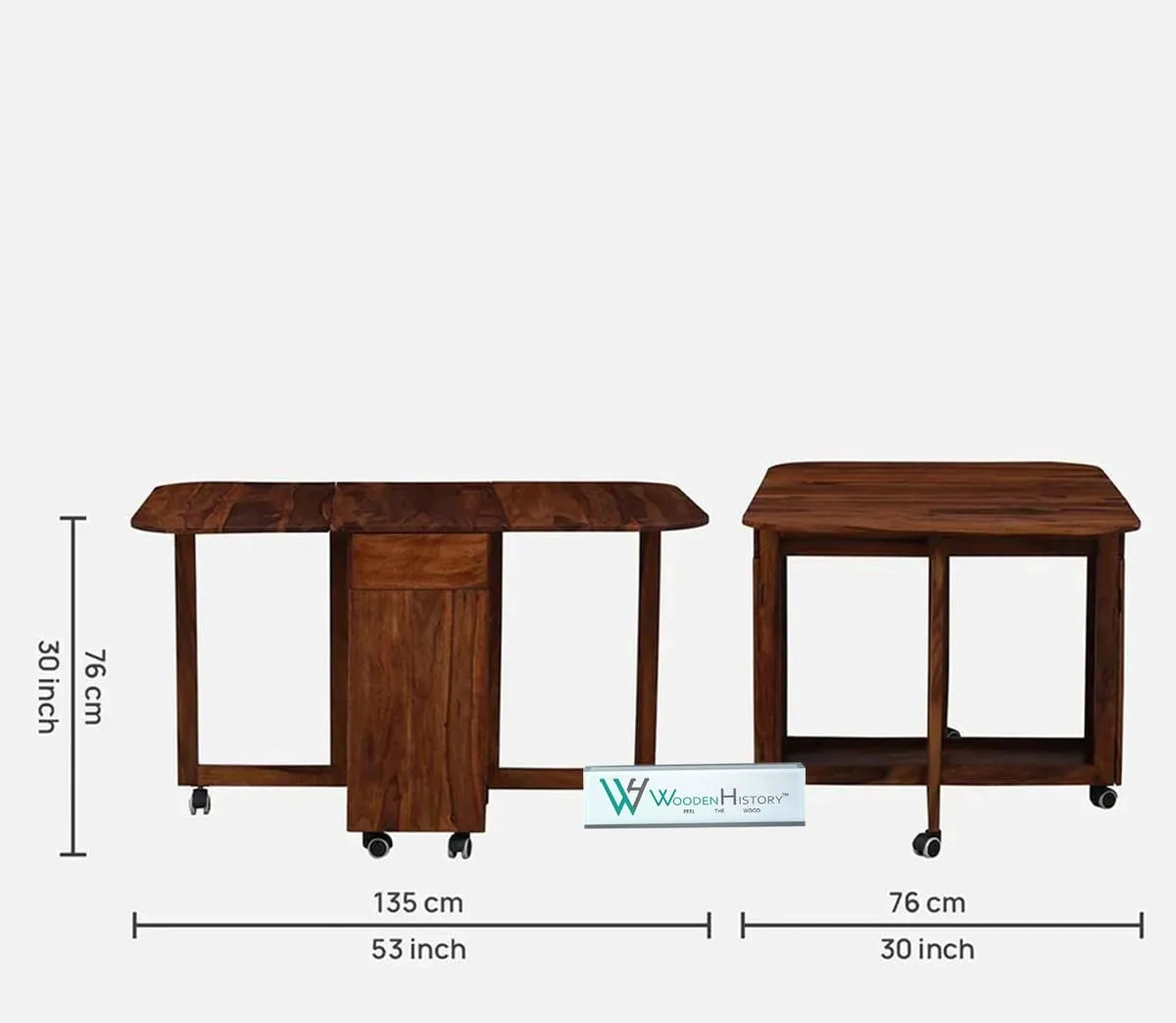 WoodFry Wooden Dining Table 4 Seater | Four Seater | Foldable Space Saving Dining with 4 Wheels | 1 Table and 4 Chairs | Solid Wood Sheesham, Finish Type : Honey