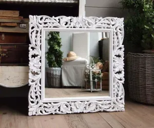 WoodIdea Hand Crafted Square Distressed White Finished Vanity Wall Mirror for Living Room 48X48 Inch Only Frame with Out Mirror