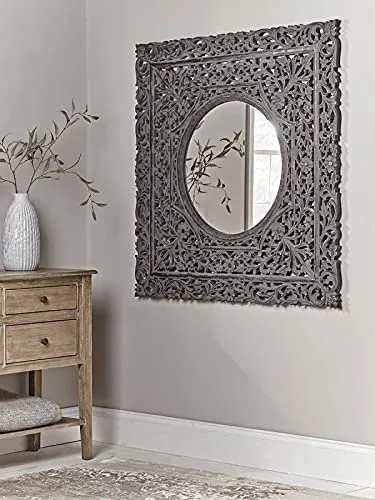 WoodIdea of Beautiful People Wood Hand Crafted Round Antique Finished Vanity Wall Mirror for Living Room, 36x36 Color is Gray No Glass Only Frame