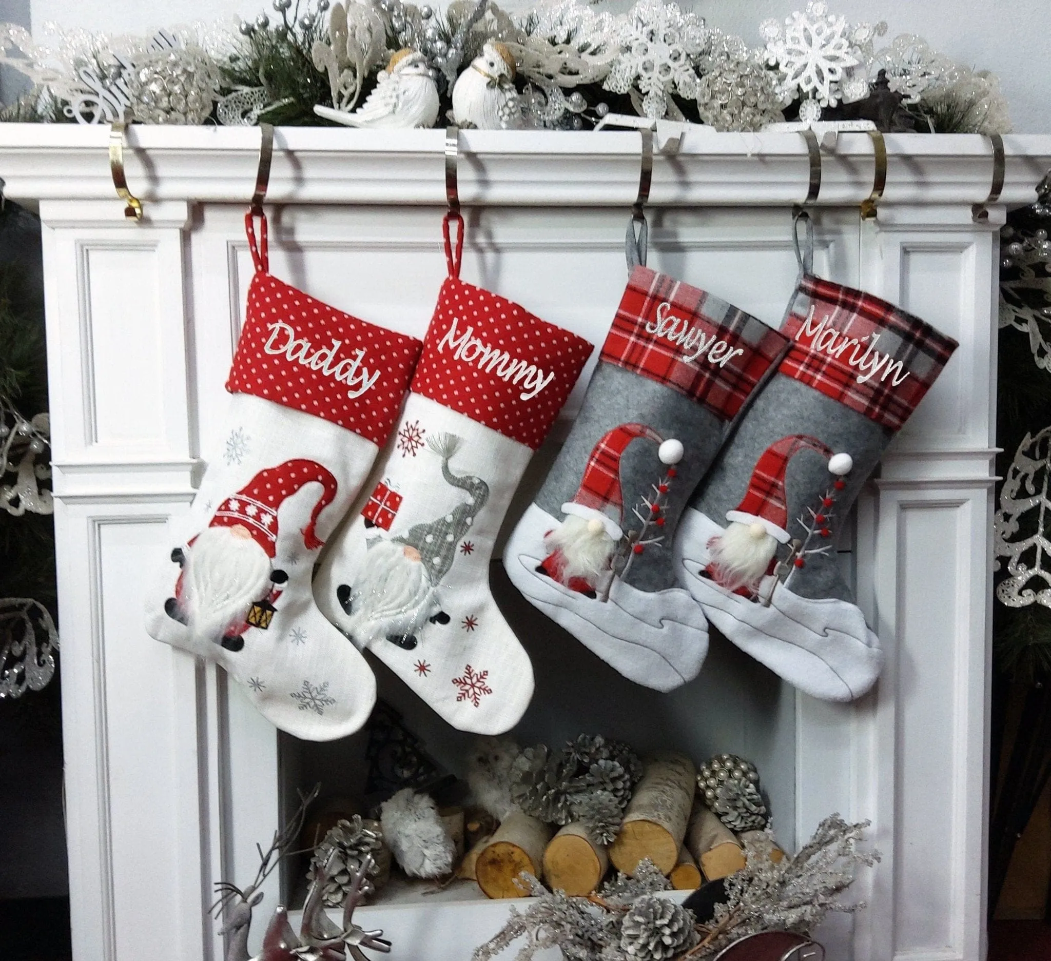 Woodland Santa Snowman Gnomes Personalized Christmas Stockings Buffalo Check Owl Squirrel Red Barn for Kids and Family Holidays 2022