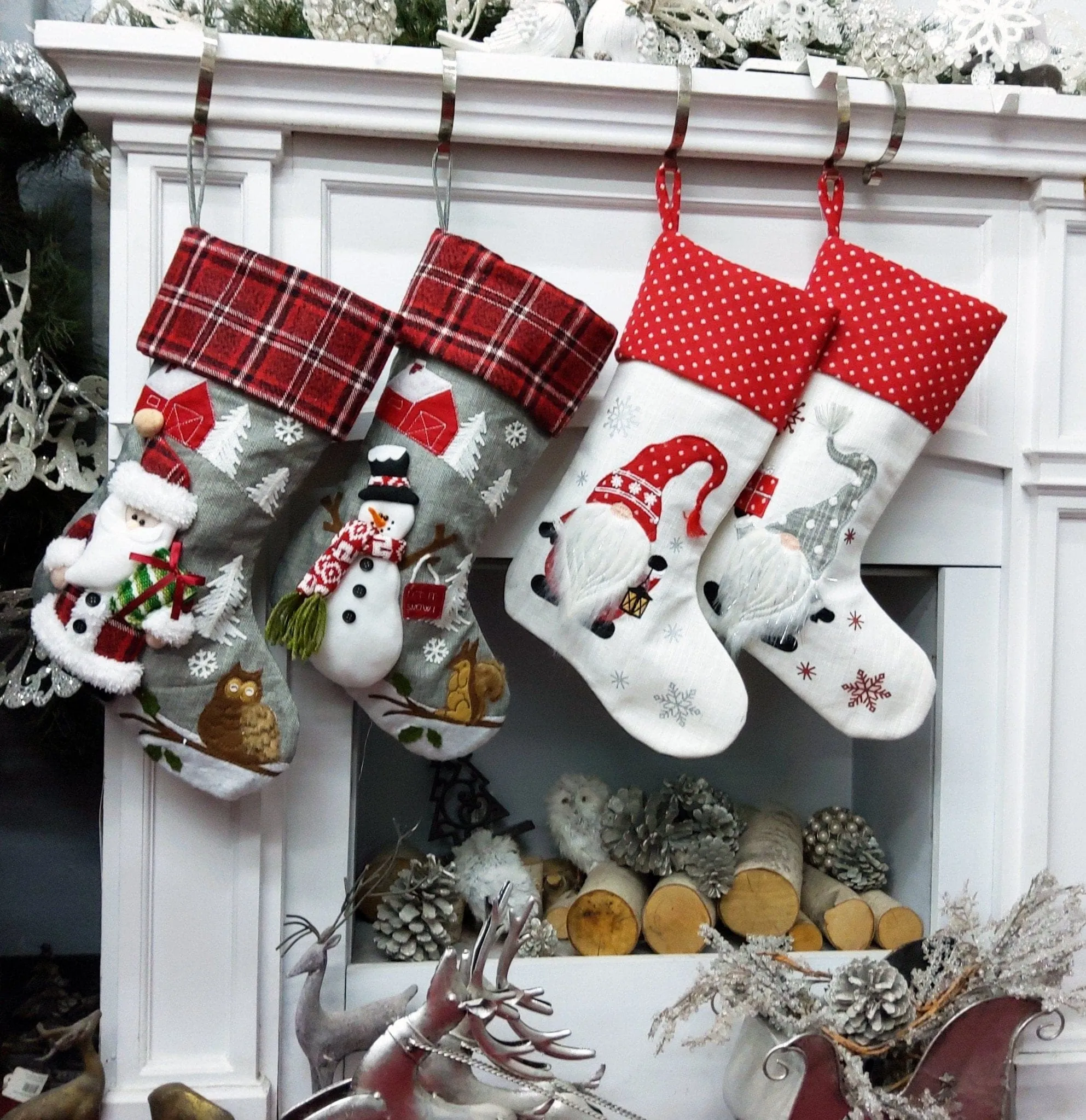 Woodland Santa Snowman Gnomes Personalized Christmas Stockings Buffalo Check Owl Squirrel Red Barn for Kids and Family Holidays 2022