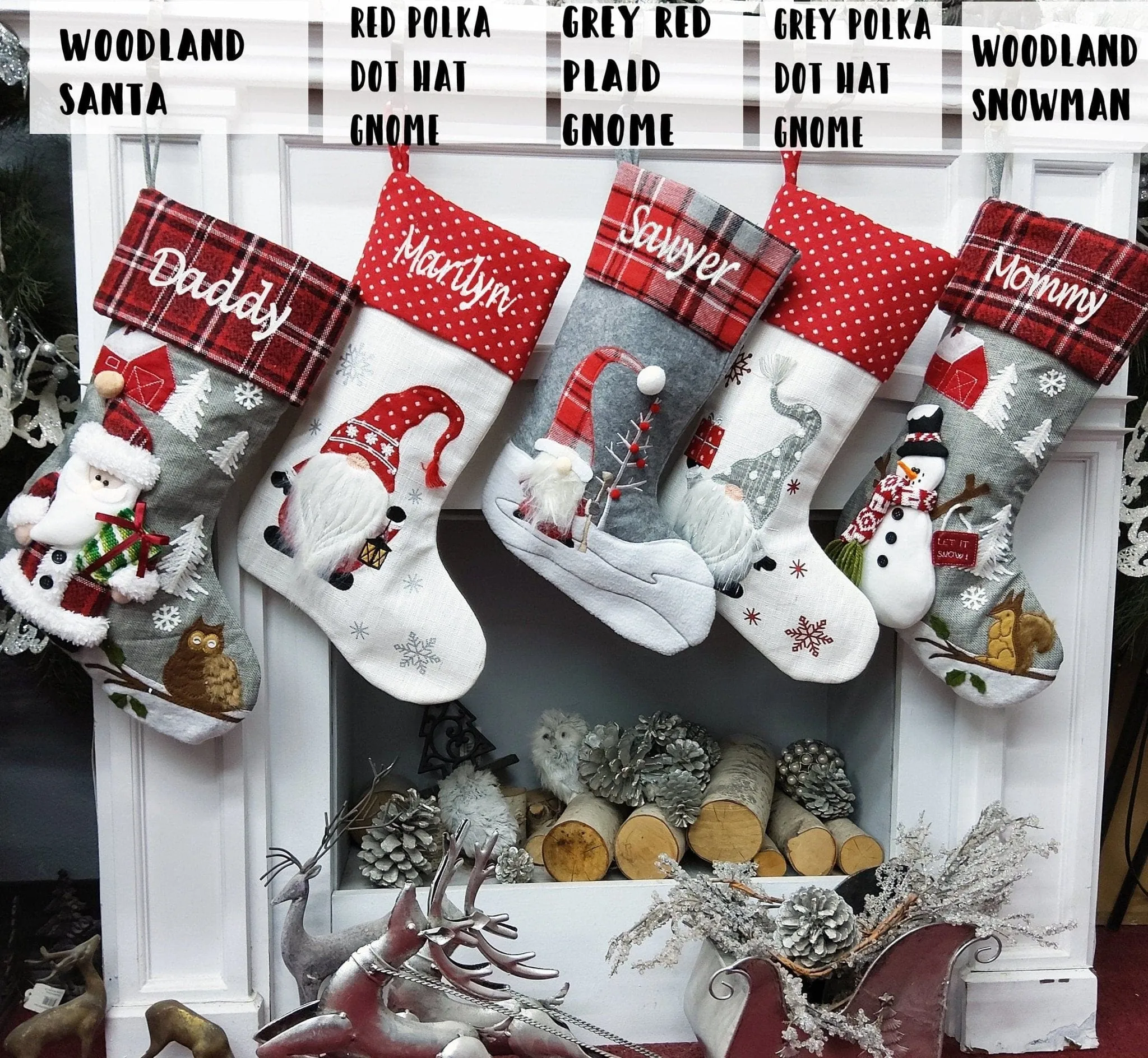 Woodland Santa Snowman Gnomes Personalized Christmas Stockings Buffalo Check Owl Squirrel Red Barn for Kids and Family Holidays 2022