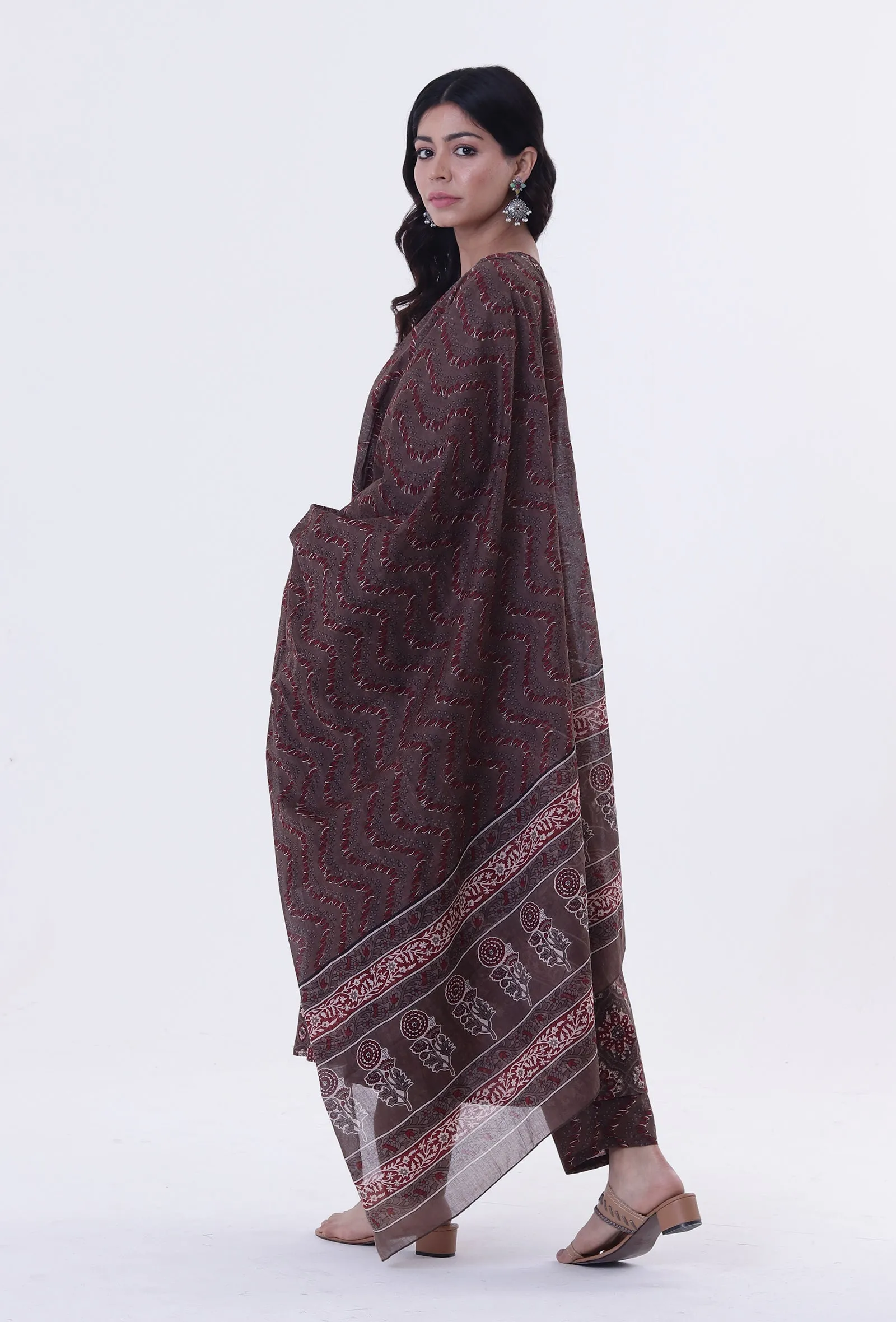 Woody Brown & White Cotton Block Printed Dupatta