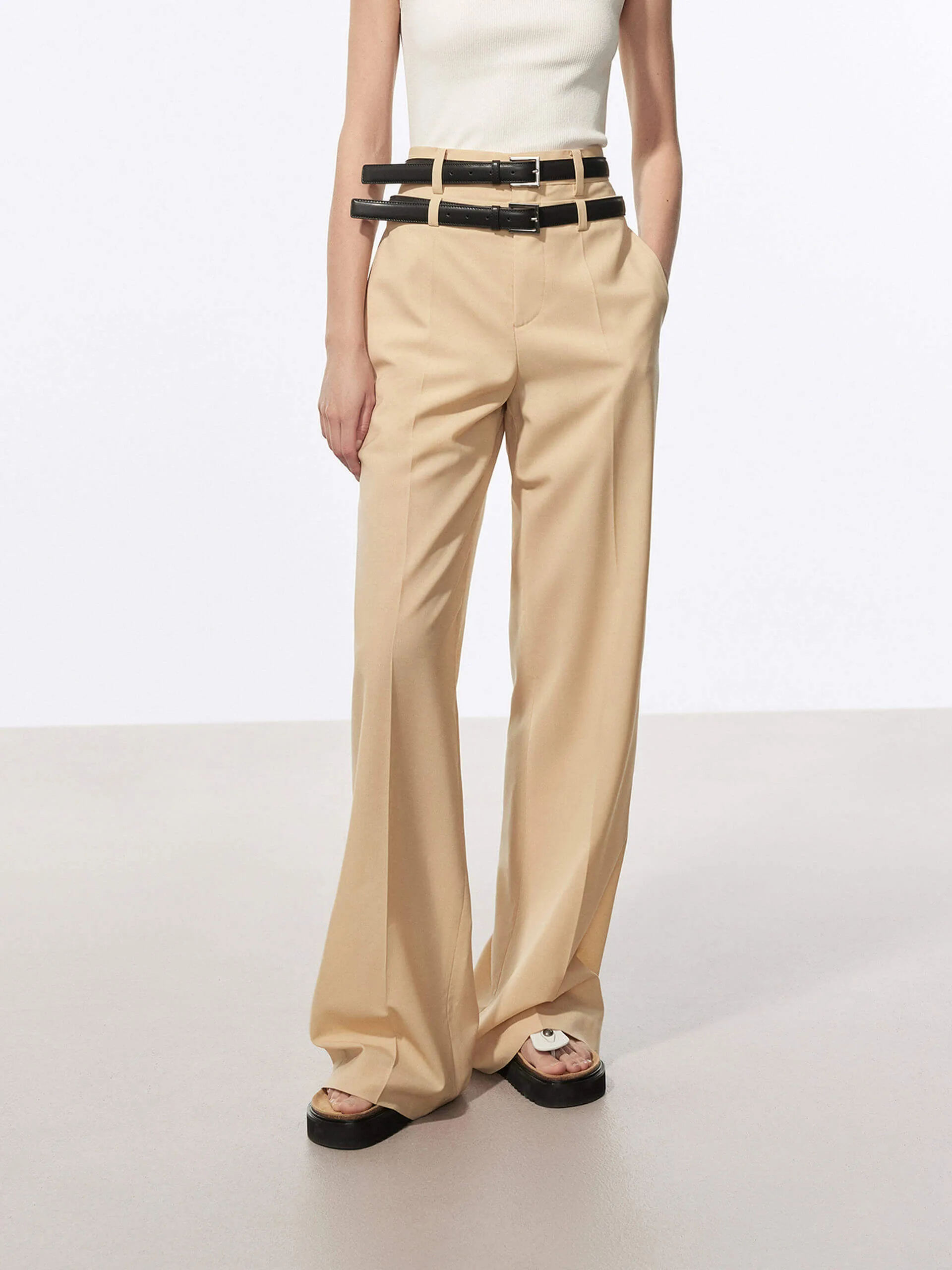 Wool Blend Belt Pants