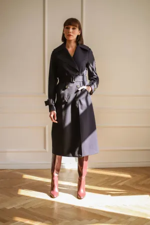 Wool Blend Trench Coat Navy Blue