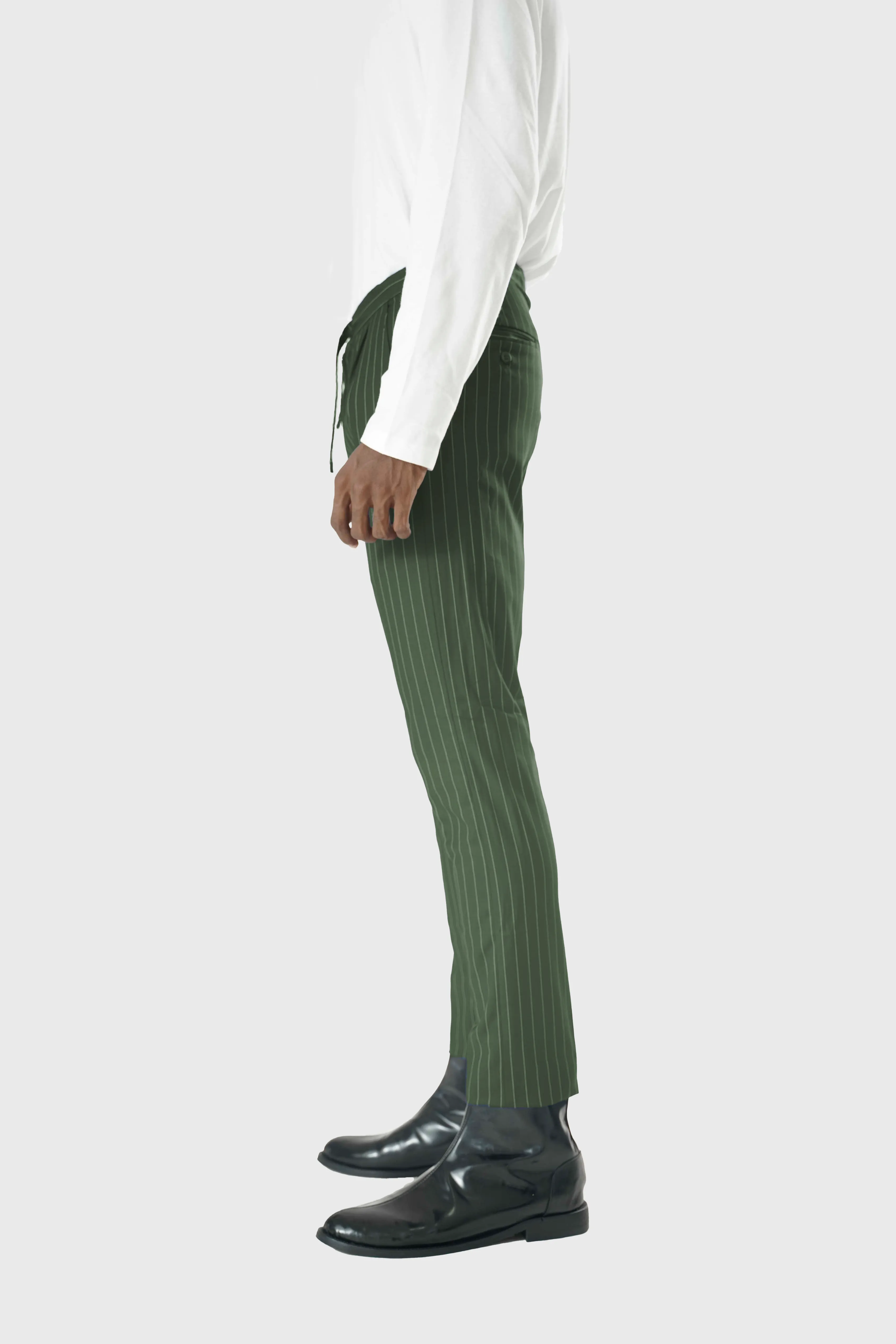 Wool Drawstring Pants in Green Pinstripe