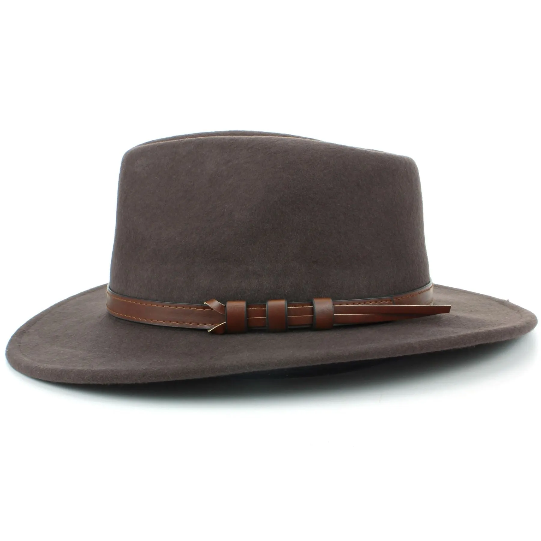 Wool Fedora Hat with Faux Leather Band - Brown