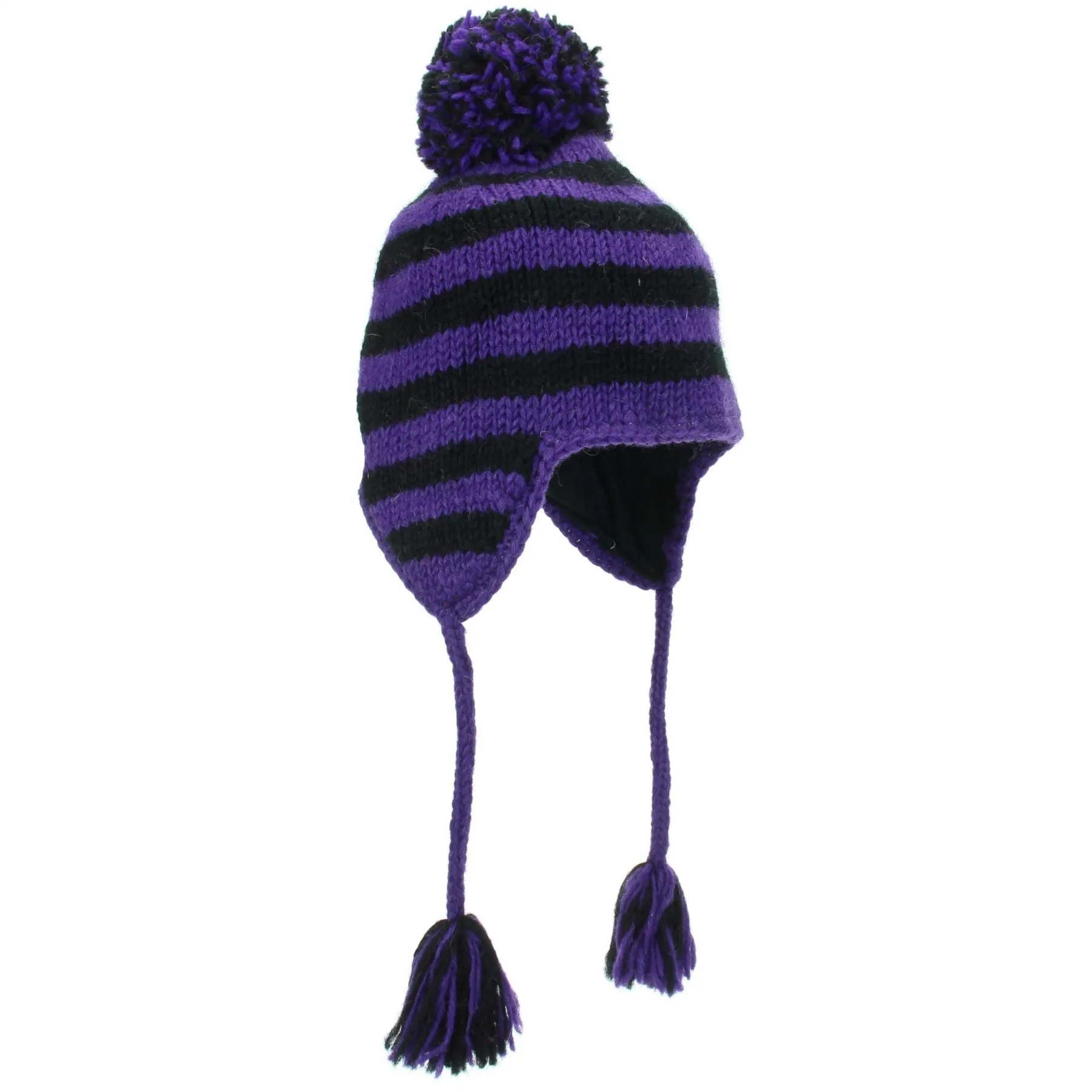 Wool Knit Earflap Bobble Hat - Stripe Purple Black