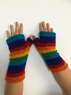 Wool Knit Fleece Lined  Wrist Warmers - Rainbow Stripe