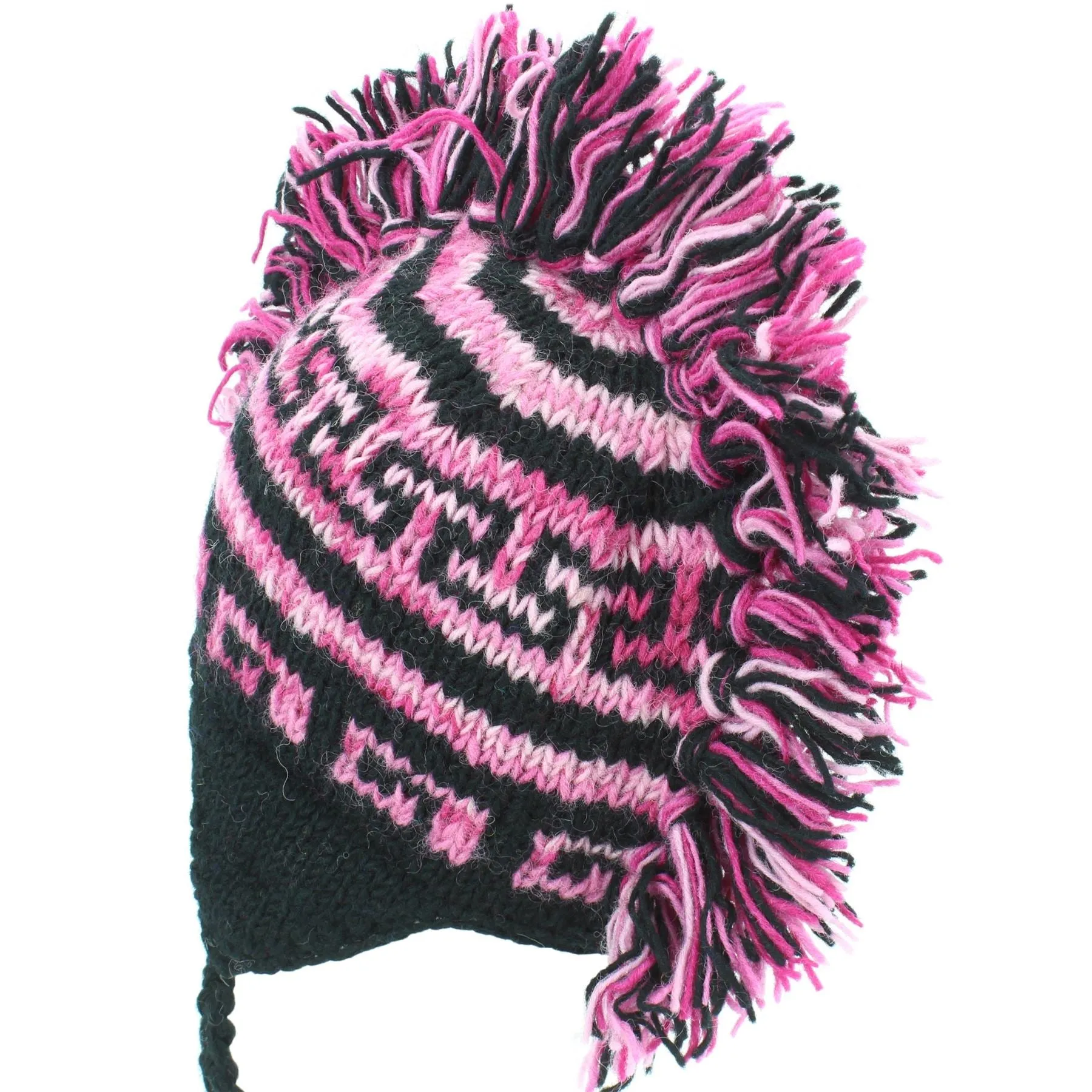 Wool Knit 'Punk' Mohawk Earflap Beanie Hat - Black & Pink SD