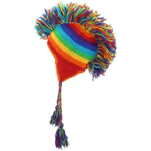 Wool Knit 'Punk' Mohawk Earflap Beanie Hat - Rainbow Stripe