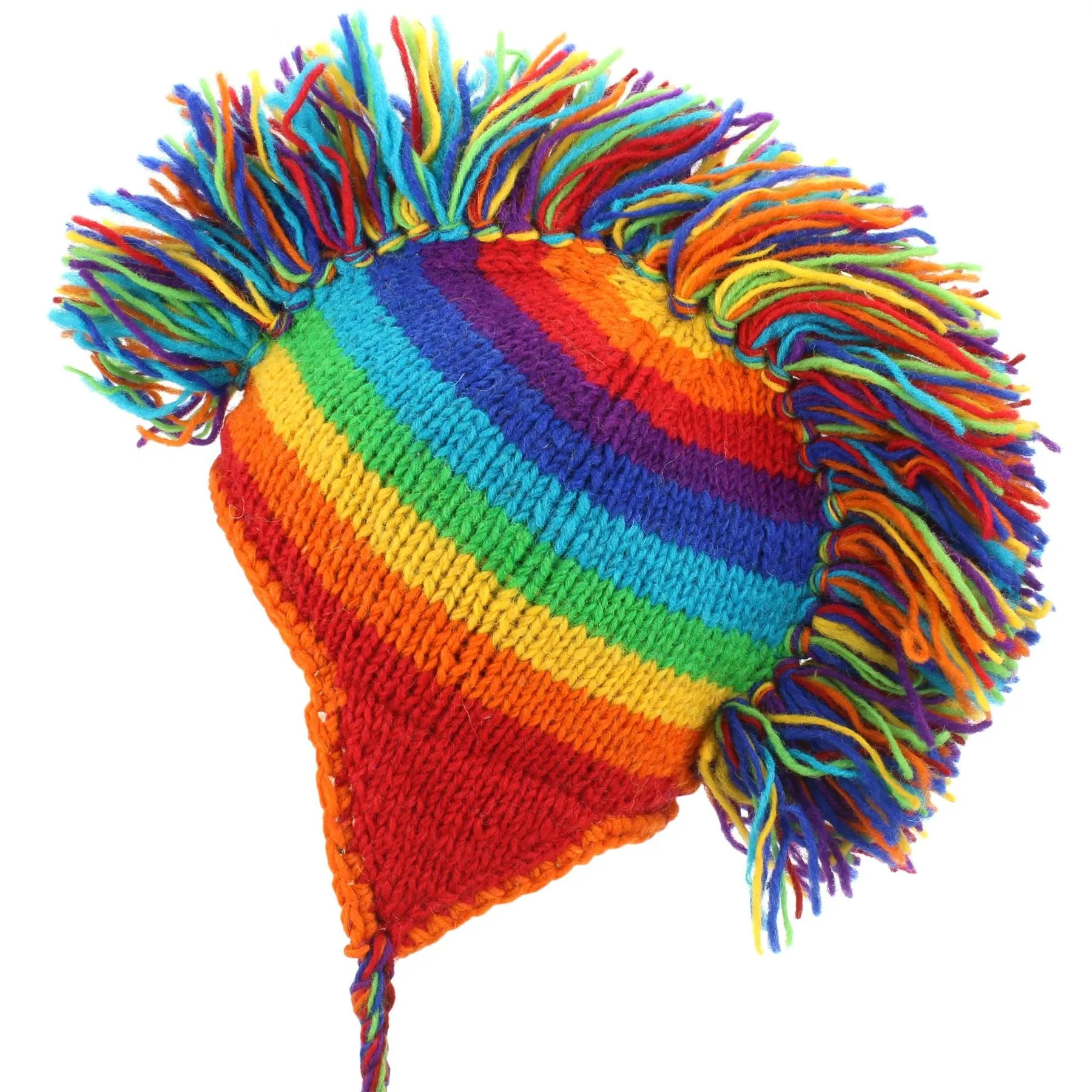 Wool Knit 'Punk' Mohawk Earflap Beanie Hat - Rainbow Stripe