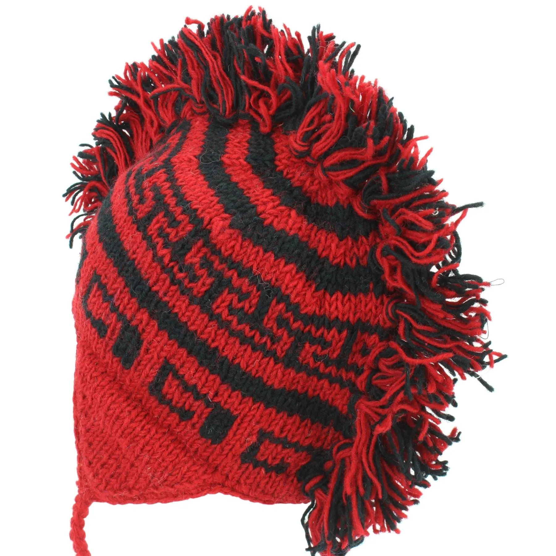 Wool Knit 'Punk' Mohawk Earflap Beanie Hat - Red & Black