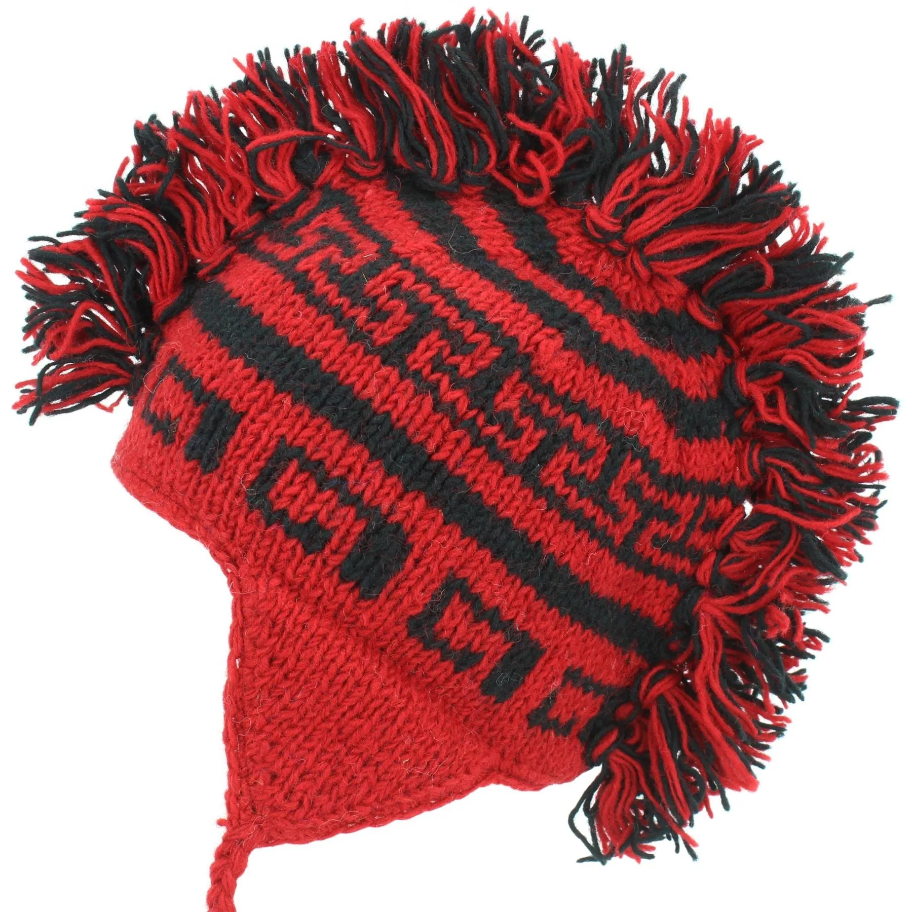 Wool Knit 'Punk' Mohawk Earflap Beanie Hat - Red & Black