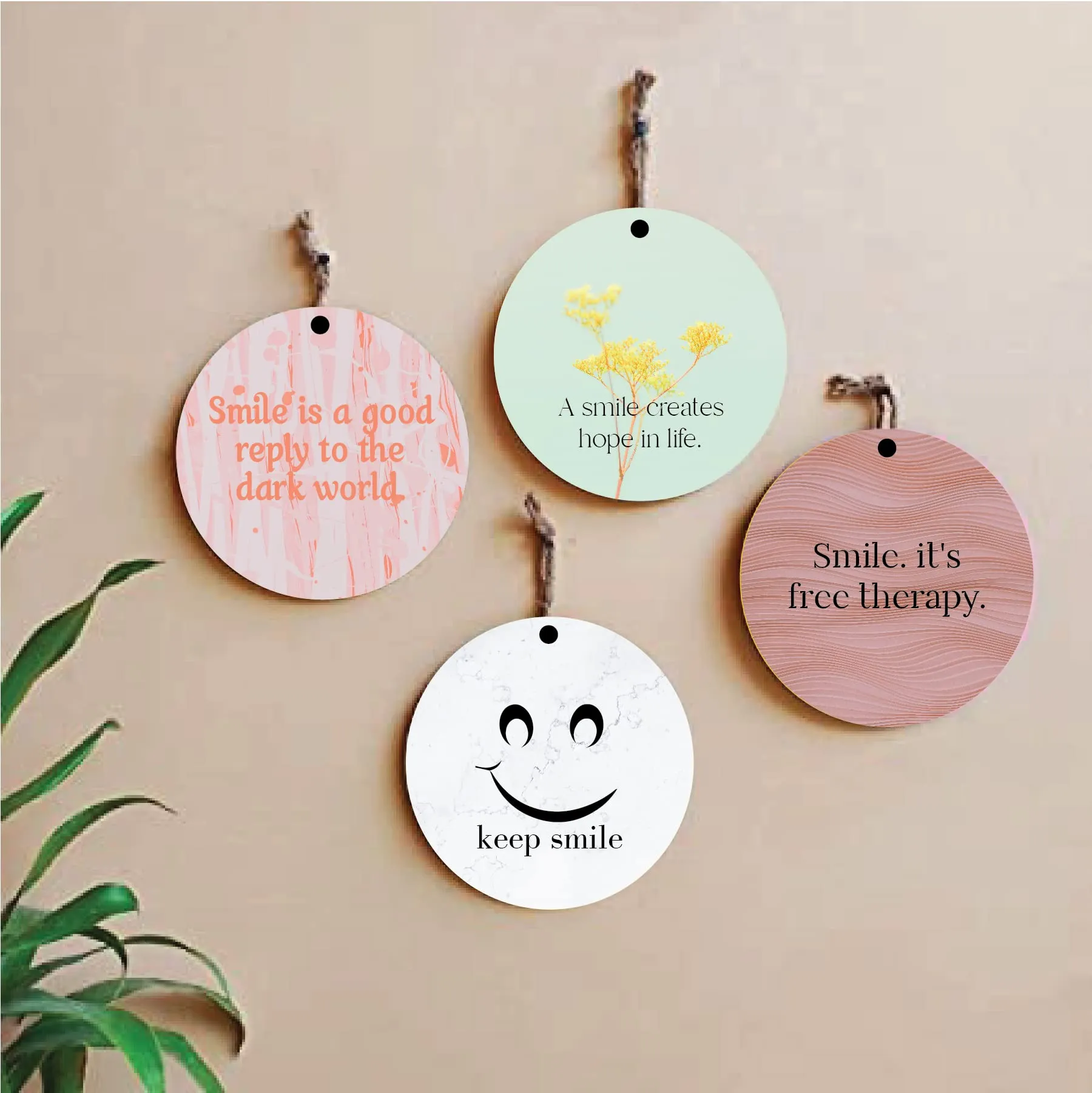 woopme® 4 PCs Smile Quotes Printed Wall Hanging Home Office Restaurant Hall Wall Decor (8 x 8 Inch)