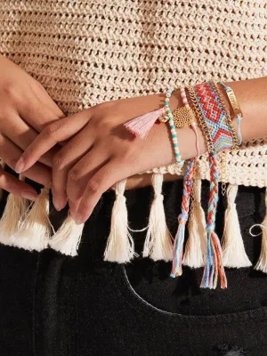 Woven & Beaded Bracelet Set With Tassel