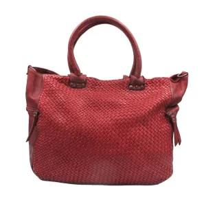 Woven Vintage Style Red Burgundy Super Soft Washed Calf Leather Handbag Made In Italy