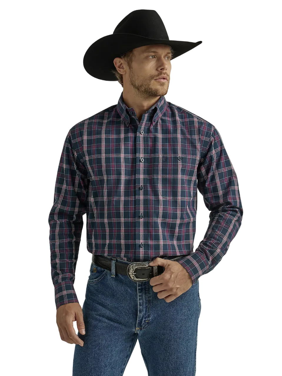 Wrangler Men's Navy Fuschia George Strait Long Sleeve Two Pocket Shirt