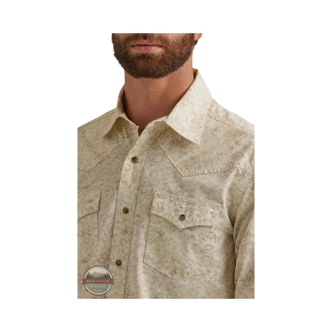 Wrangler Men's Premium Long Slevee  Snap Print White Shirt