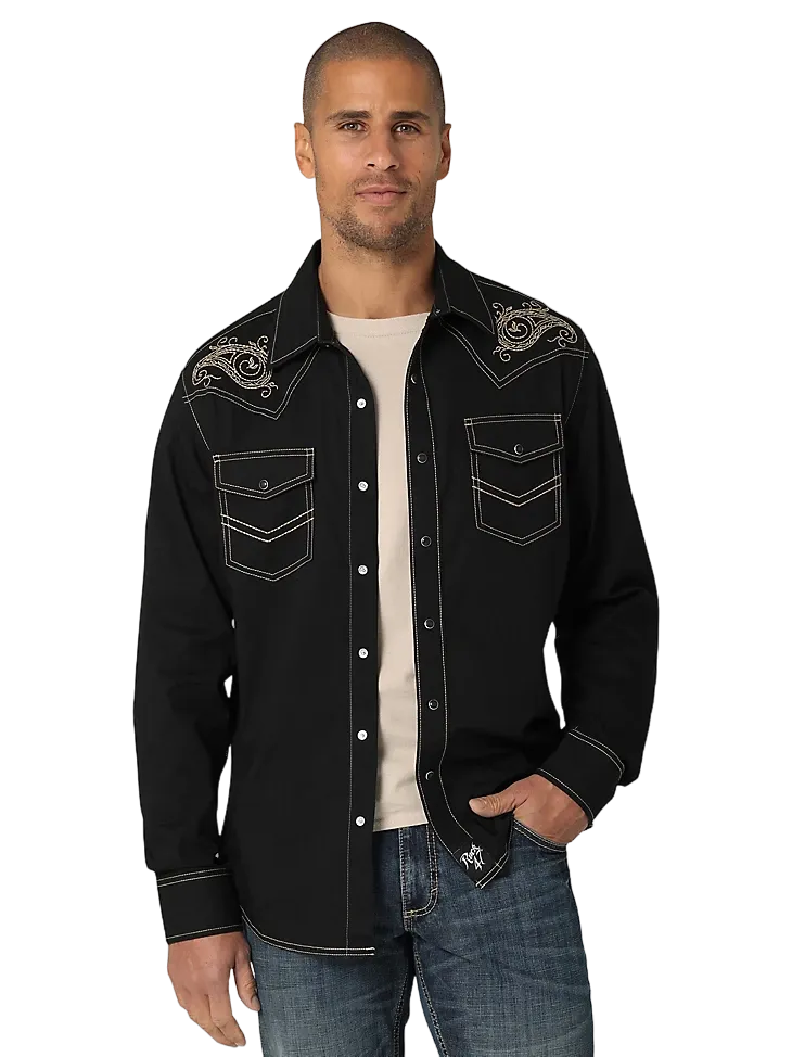 Wrangler Men's Rock 47 Long Sleeve Embroidered Yoke Black Ember Western Shirt - Tall