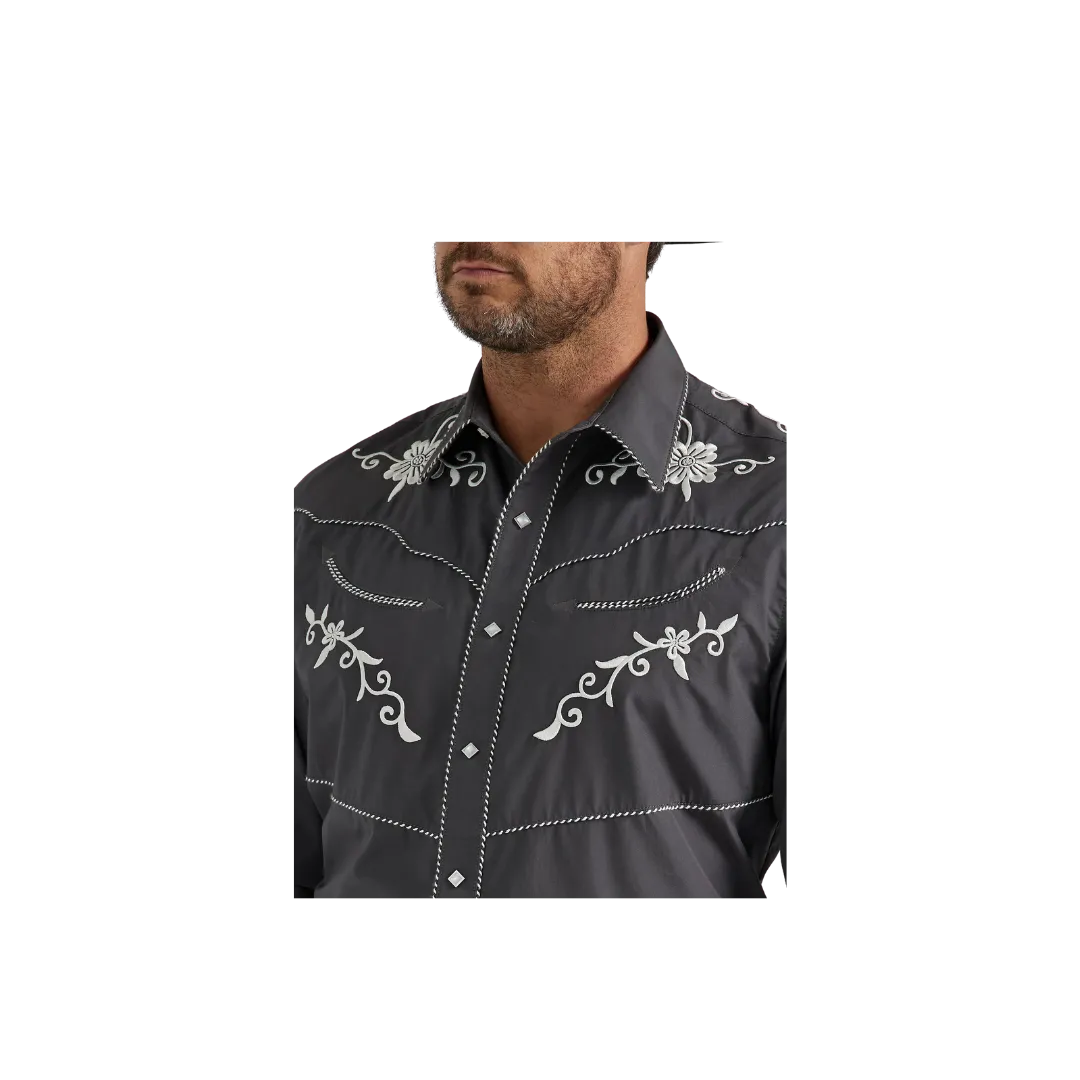 Wrangler Men's Rodeo Ben Western Snap Embroidered Grey Shirt