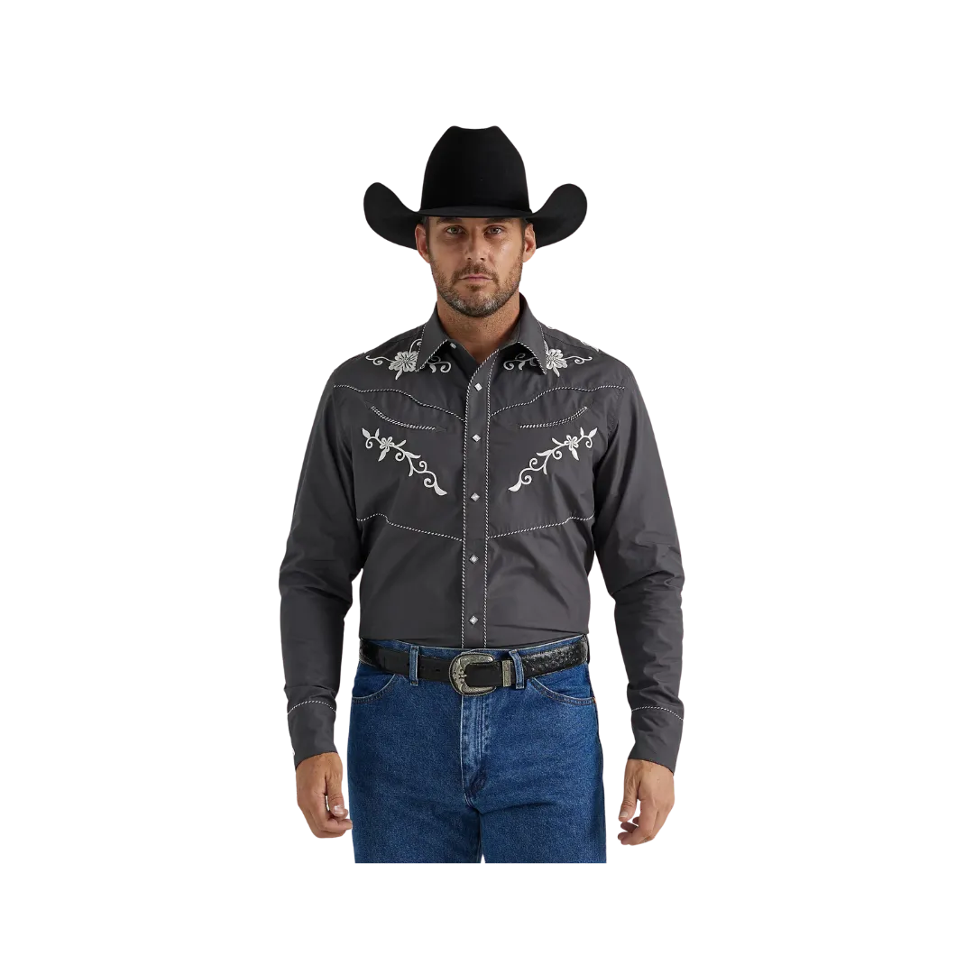 Wrangler Men's Rodeo Ben Western Snap Embroidered Grey Shirt