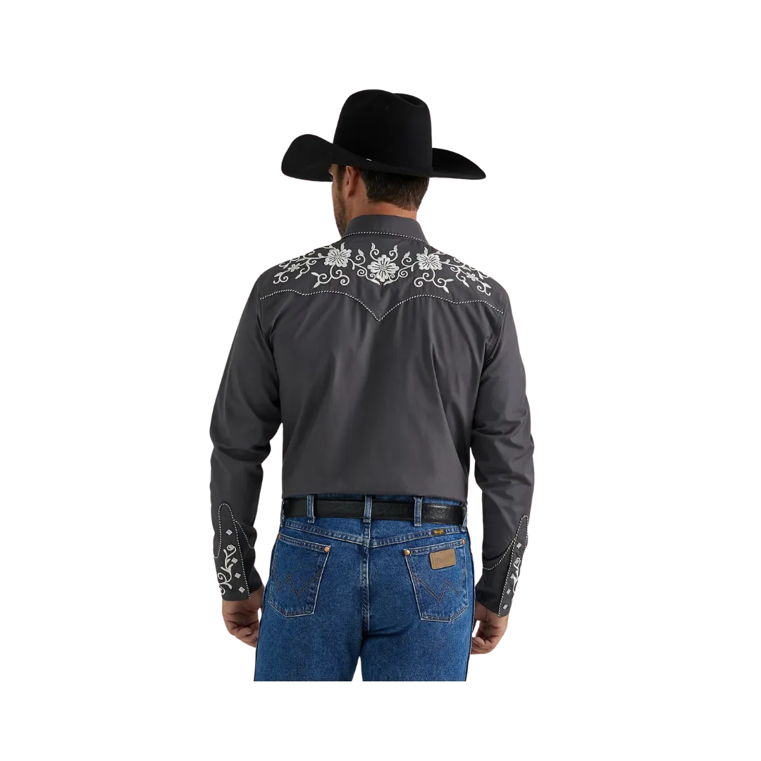 Wrangler Men's Rodeo Ben Western Snap Embroidered Grey Shirt