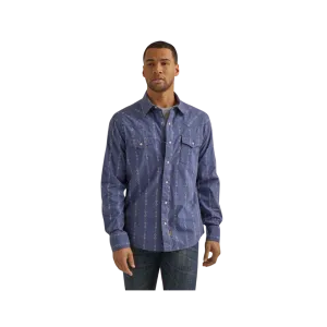 Wrangler Men's Vintage Printed Retro Premium Collared Long Sleeve Western Snap Indigo Shirt