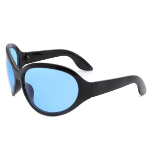 Wrap-Around Bug Eye Sunglasses - Black with Blue Lenses