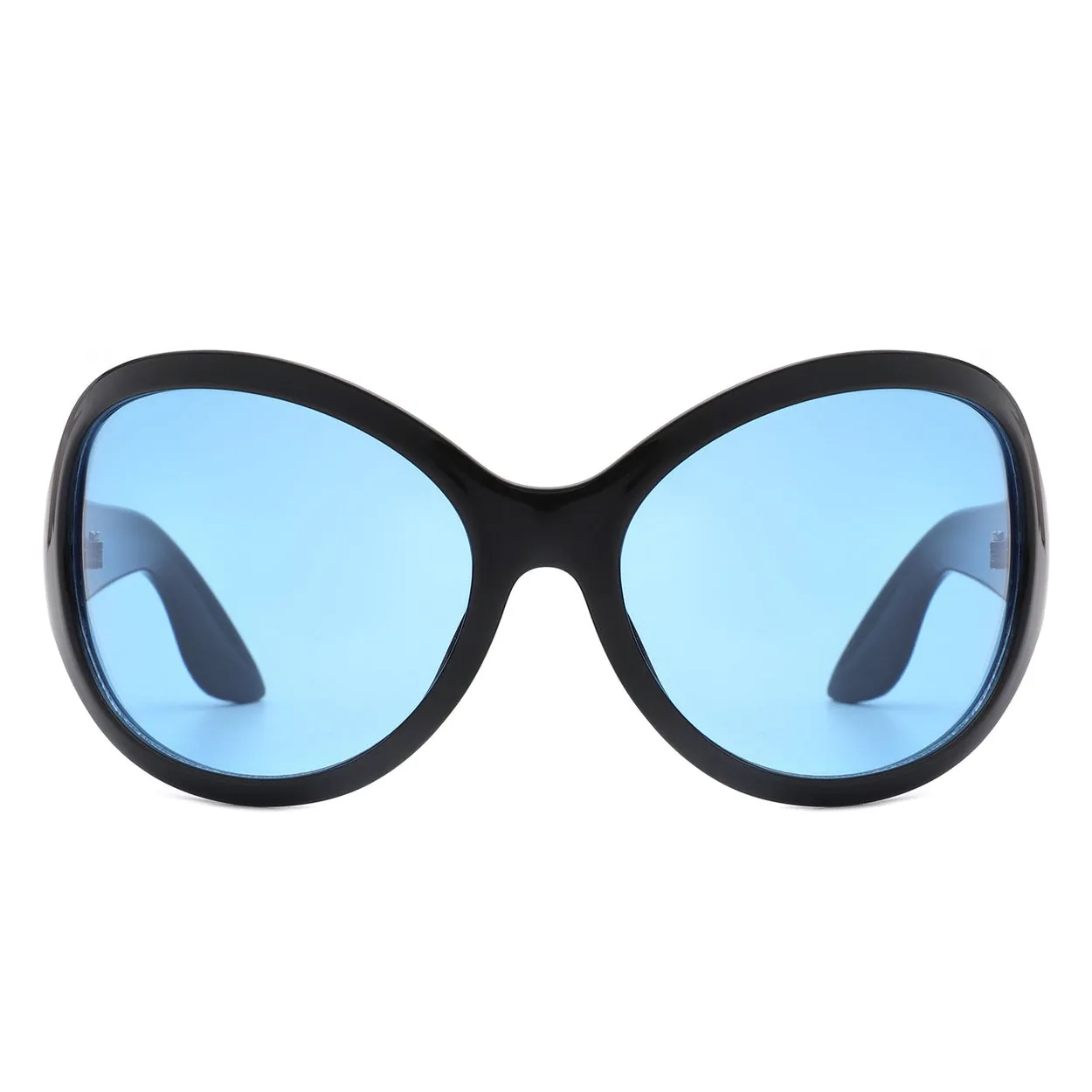 Wrap-Around Bug Eye Sunglasses - Black with Blue Lenses