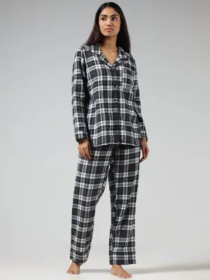 Wunderlove Black Checked Cotton Blend Shirt and Pyjama Set