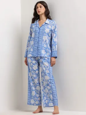 Wunderlove Blue Floral Printed Cotton Shirt and Pyjama Set