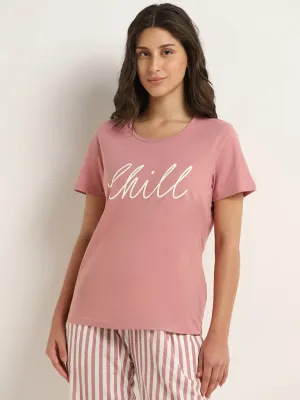 Wunderlove Blush Pink Text-Printed Cotton T-Shirt